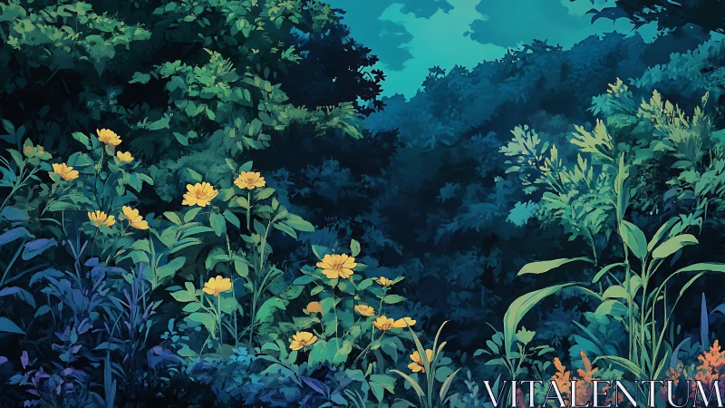 Dense green undergrowth with yellow wildflowers at dusk.