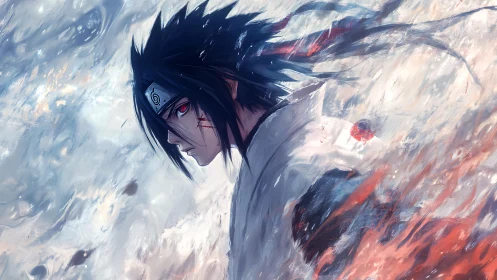 Storm-lit ninja portrait wrapped in swirling painted wind.