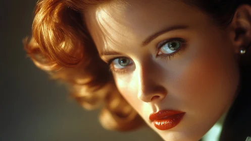 Sunlit copper curls frame a hypnotic emerald gaze in closeup.