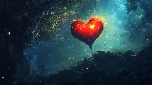 Glowing Red Heart in Dark Forest.