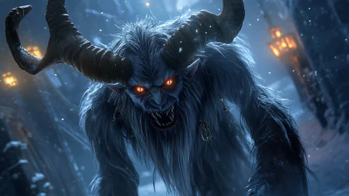 Horned frost demon lunging through blizzard-lit medieval alley