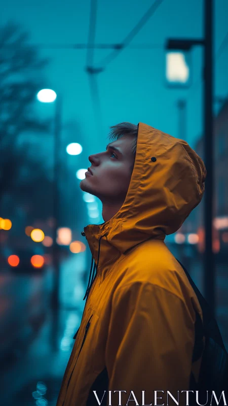 Young man in yellow raincoat gazes upward on rainy night.
