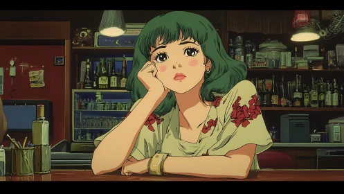 Pensive green haired woman at nostalgic anime bar counter.