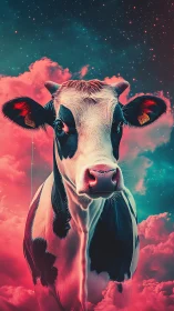 Cow stands centrally amid stylized clouds and star field