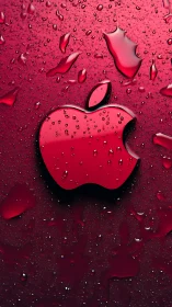 Glossy red apple logo glowing on dewy crimson surface.