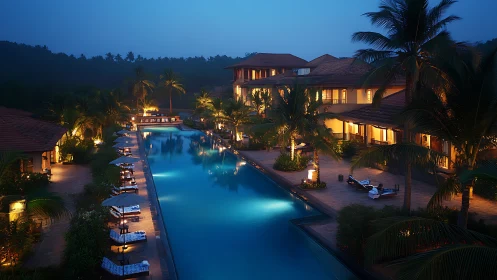 Luxury resort pool glows under serene tropical twilight