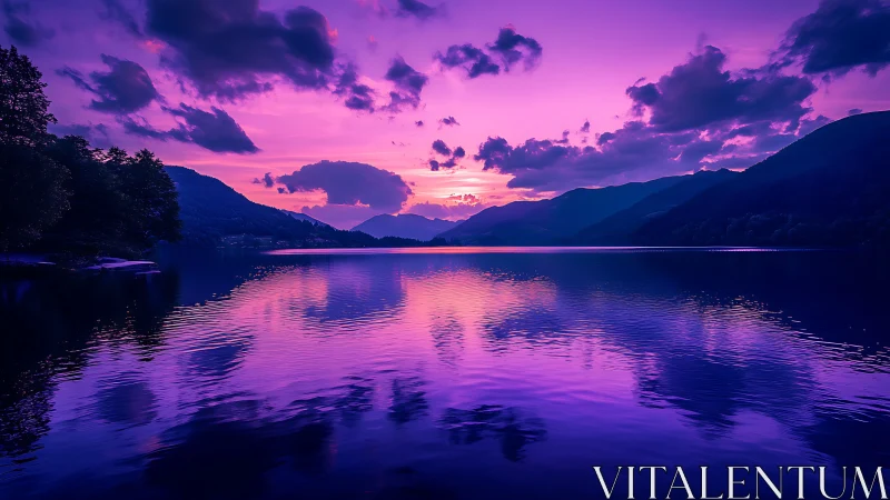 Vibrant purple lake sunset framed by distant mountain silhouettes.