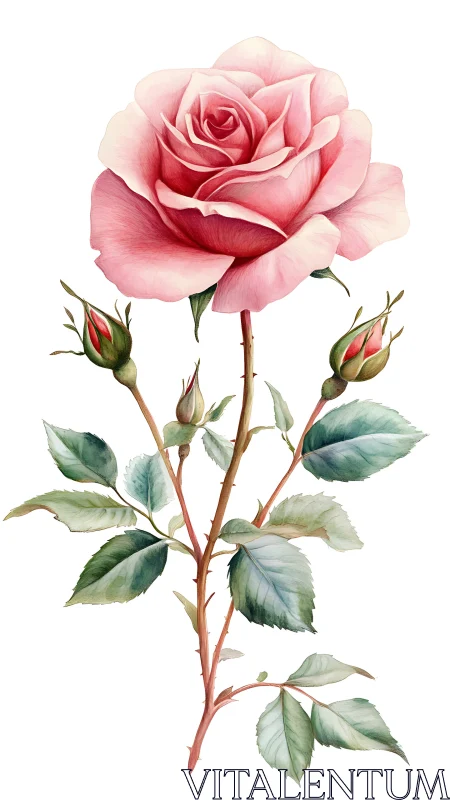 Single pink rose stem is illustrated with buds and leaves