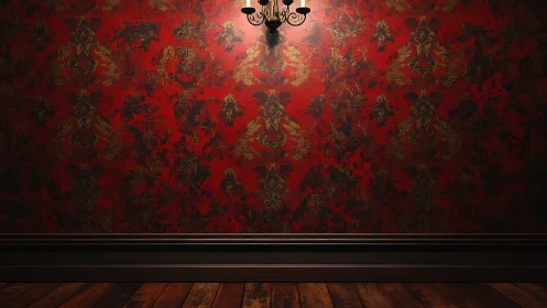 Moody red wallpaper glow over worn wooden floorboards.