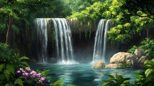 Digital painting shows multi-tier waterfall in dense jungle