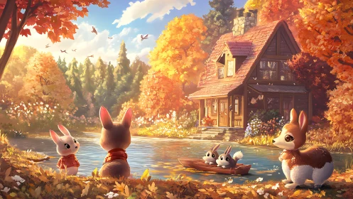 Warm autumn woodland lake scene with stylized rabbits and cottage
