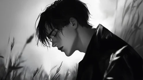 Profile view of solitary male figure in grayscale field scene.