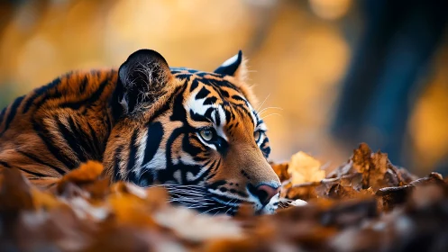 Tiger rests in autumn leaves under warm golden light.