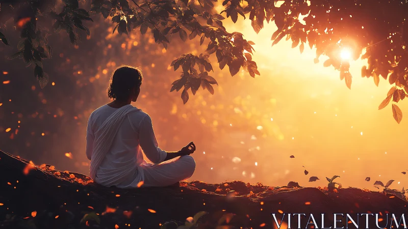 Serene Meditation at Sunrise in Nature, Warm Cinematic Style.