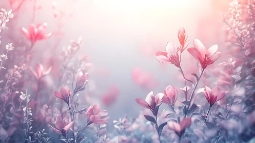 Soft Pink Flowers in Dreamy Garden Haze.