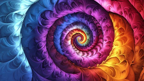 Spiraling rainbow feathers drifting into glowing calm.