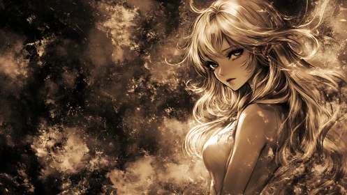 Golden-haired anime heroine amid storm of burning light.