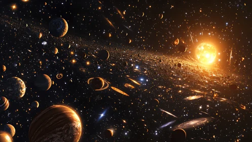 Radiant star ignites a swirling cosmos of countless worlds.