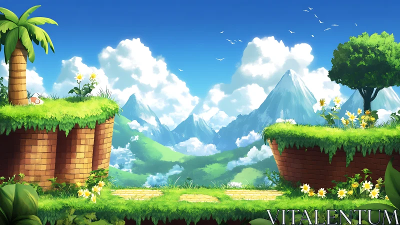 Digital game scene renders floating platforms with distant mountains under blue sky.