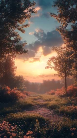 Volumetric sunset path through foliage-rich forest corridor.