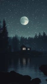 Moonlit forest cabin overlooks still reflective lake night