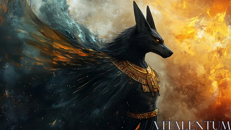 Regal jackal guardian stands between storm and golden fire