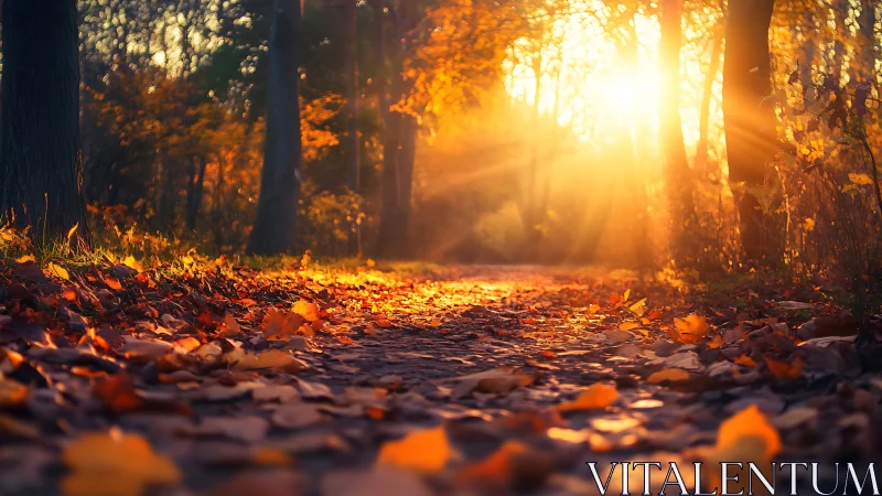 Low-angle autumn forest path with backlit solar flare geometry.