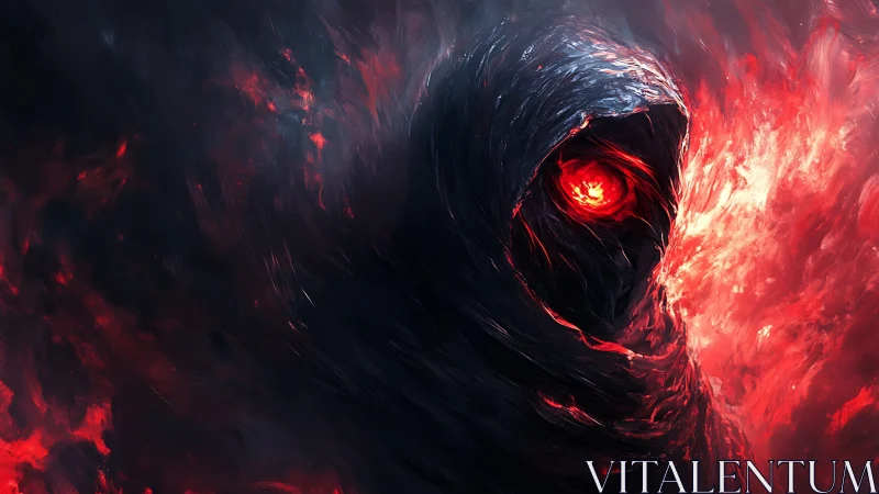 Hooded infernal wraith glares through swirling crimson fire