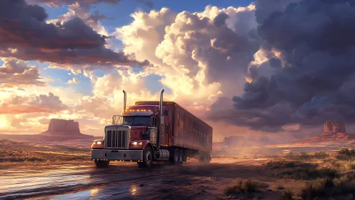 Stormlit desert highway hauler chasing the last golden miles.