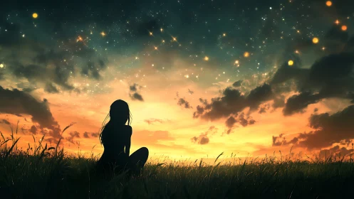 Silhouetted dreamer watches glowing stars ignite a dusky sky