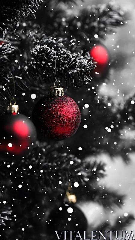 Red baubles hang on snow-dusted evergreen branches outdoors