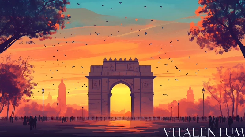 Symmetrical arch monument at dusk with saturated bokeh skyline