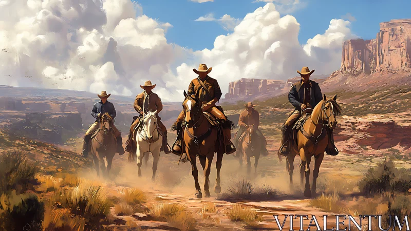 Cowboys on horseback crossing dusty desert trail.