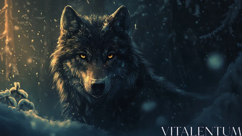 Winter storm pauses while a ember eyed wolf holds the dark