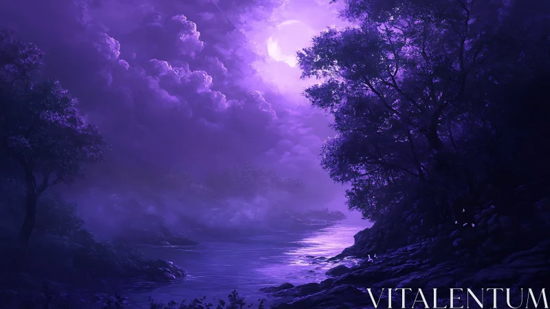 Moonlit violet river glows beneath dense storm clouds.
