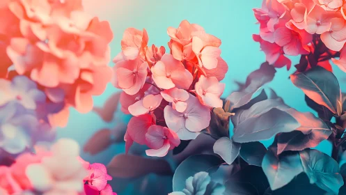 Coral Hydrangea Blooms Against Turquoise Sky with Luminous Backlighting