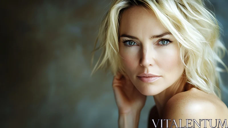 Blonde woman portrait with intense gaze against soft bokeh