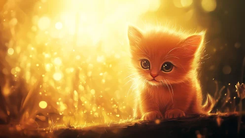 Golden light digital painting of fluffy kitten at dusk.