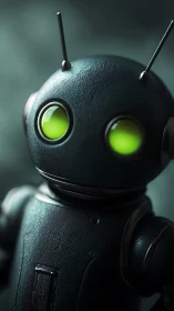 Cute matte-black robot with glowing neon green eyes.