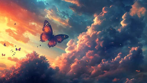 Butterflies move across a color graded sunset cloudscape