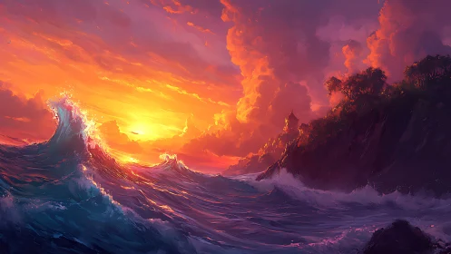 Sunset sky illuminates rough ocean waves near coastal cliffs