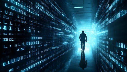 Silhouette in illuminated data corridor with binary code walls.