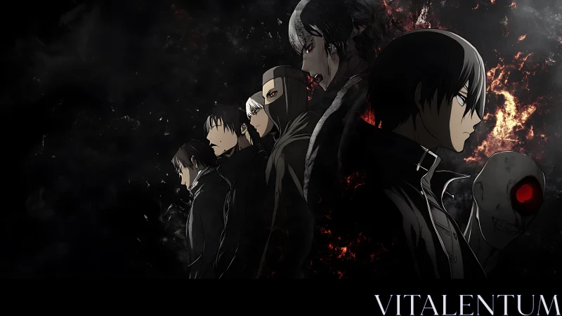 Dark anime ensemble aligned in profile with infernal backlighting