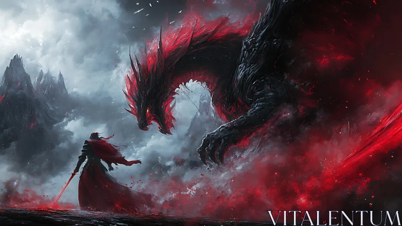 Warrior confronts towering red dragon in burning mist