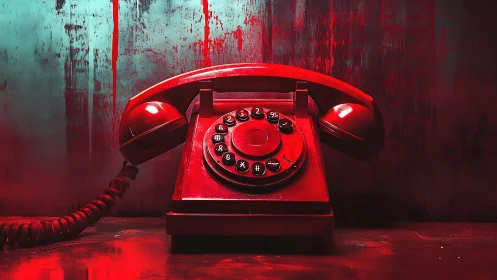 High-contrast red rotary telephone under dramatic cinematic lighting