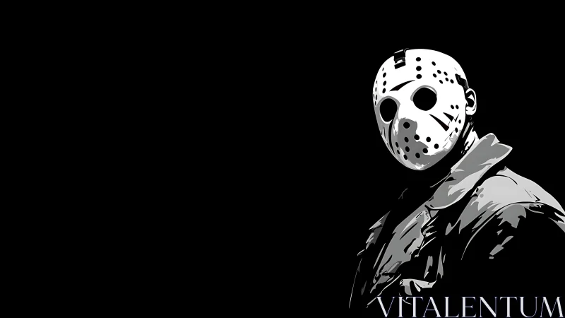 Masked shadow sentinel stalks the void in stark monochrome.