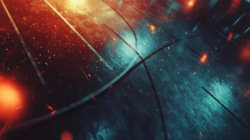 Sparks drift across a glowing indoor basketball court floor