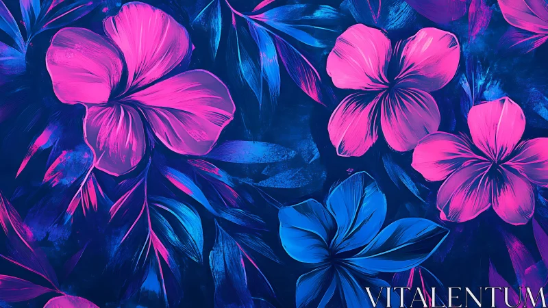 Neon hibiscus bloomstorm on midnight jungle velvet canvas.