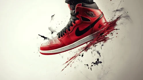 Dynamic red sneaker in motion with splatter dispersion effect.