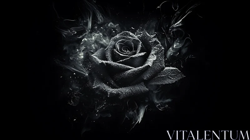 Frozen black rose blooms in swirling midnight smoke